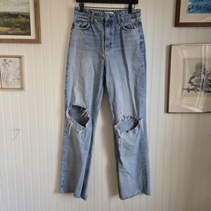 Zara Sz 8 Viral Wide Leg High Rise Slouchy Light Blue Distressed Jeans